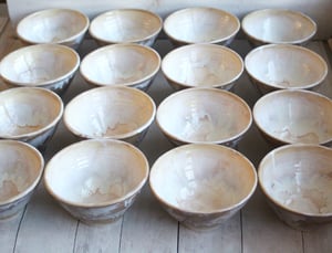 Image of Custom Order for Kathleen, Set of 16 Hand Thrown Bowls in Ocher and White Glaze