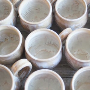 Image of Custom Order for Kathleen, Set of 10 Mugs in White and Ocher Dripping Glaze