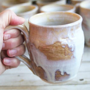 Image of Custom Order for Kathleen, Set of 10 Mugs in White and Ocher Dripping Glaze