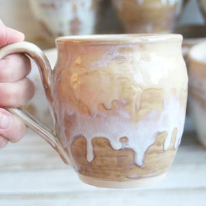 Image of Custom Order for Kathleen, Set of 10 Mugs in White and Ocher Dripping Glaze