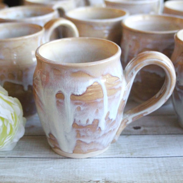 Image of Custom Order for Kathleen, Set of 10 Mugs in White and Ocher Dripping Glaze