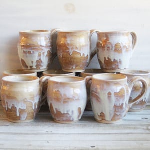Image of Custom Order for Kathleen, Set of 10 Mugs in White and Ocher Dripping Glaze