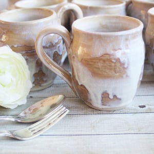 Image of Custom Order for Kathleen, Set of 10 Mugs in White and Ocher Dripping Glaze