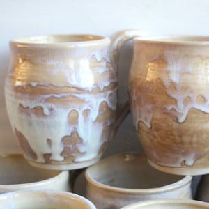 Image of Custom Order for Kathleen, Set of 10 Mugs in White and Ocher Dripping Glaze