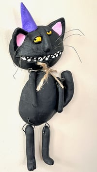 Image 1 of Black Wallie Wall Cat with Purple pointy hat