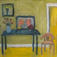 Image 1 of TV Room , 2025. Oil on linen. 10 x 10 inches. Unframed.