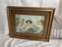 Image 1 of Antique Framed Print: Three Young Girls, Victorian Nursery Decor
