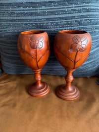 Image 1 of Set of 2 Carved Wood Goblets, Floral Design