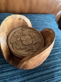 Image 2 of Set of 4 Floral Carved Wood Coasters, with Holder