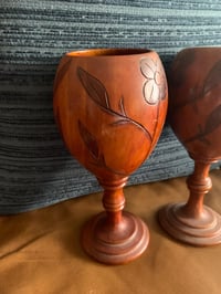 Image 2 of Set of 2 Carved Wood Goblets, Floral Design