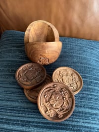 Image 3 of Set of 4 Floral Carved Wood Coasters, with Holder