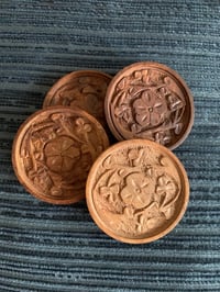 Image 5 of Set of 4 Floral Carved Wood Coasters, with Holder