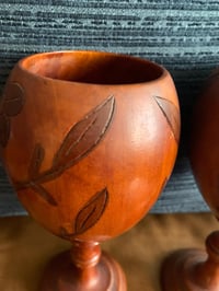 Image 6 of Set of 2 Carved Wood Goblets, Floral Design