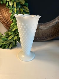 Image 2 of Milk Glass Vase, MCM Hobnail Dot & Dash Trumpet Vase