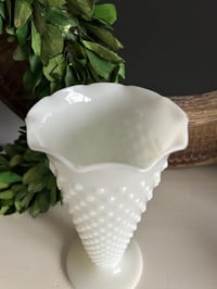Image 4 of Milk Glass Vase, MCM Hobnail Dot & Dash Trumpet Vase