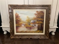 Image 1 of Carved Wood Frame, Landscape Oil on Canvas, 16x20