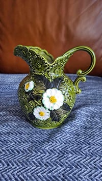 Image 1 of Green Floral Ceramic Pitcher, Made in Japan