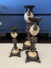Image 4 of Ornate Resin Candleholder Set: Gold and Bronze Pillar Trio