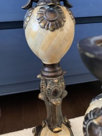 Image 7 of Ornate Resin Candleholder Set: Gold and Bronze Pillar Trio