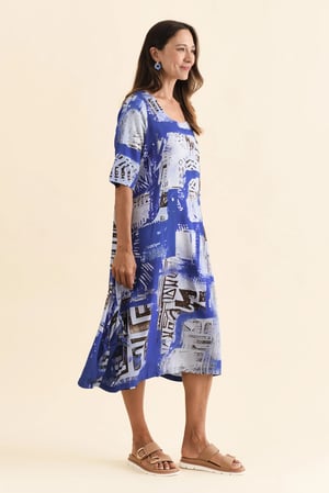 Image of Bella Linen/Cotton Dress - blue mosaic