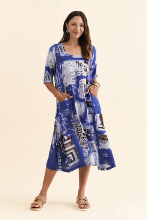 Image of Bella Linen/Cotton Dress - blue mosaic