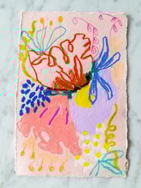 Oil Pastel Garden Flowers on pink handmade paper
