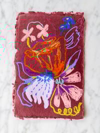 Oil Pastel Garden Flowers on dark plum handmade paper