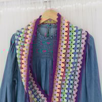 Image 2 of ‘Happy Scrappy’ Infinity Scarf Rich Purple Trim