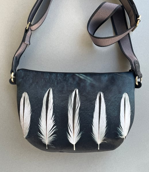 Image of Oystercatcher feathers, large curved crossbody velvet bag with canvas strap