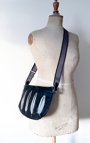 Image of Oystercatcher feathers, large curved crossbody velvet bag with canvas strap