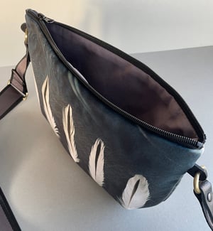 Image of Oystercatcher feathers, large curved crossbody velvet bag with canvas strap