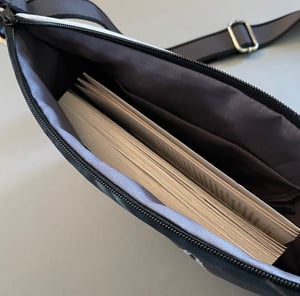 Image of Oystercatcher feathers, large curved crossbody velvet bag with canvas strap