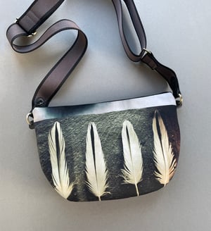 Image of Oystercatcher feathers, large curved crossbody velvet bag with canvas strap