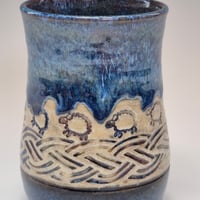 Image 5 of 12oz. Short Tumbler, Tiny Sheep Stampede, Bluebird Skies cobalt blue