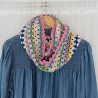 Image 1 of ‘Happy Scrappy’ Infinity Scarf Sugar Almond Pink Trim