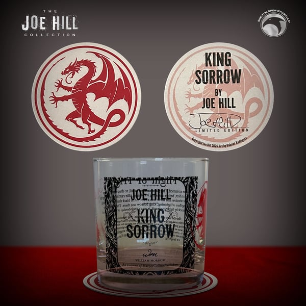 Image of JOE HILL CHARITY EVENT: Limited Signed Edition King Sorrow Whiskey Glass & Coaster Set!
