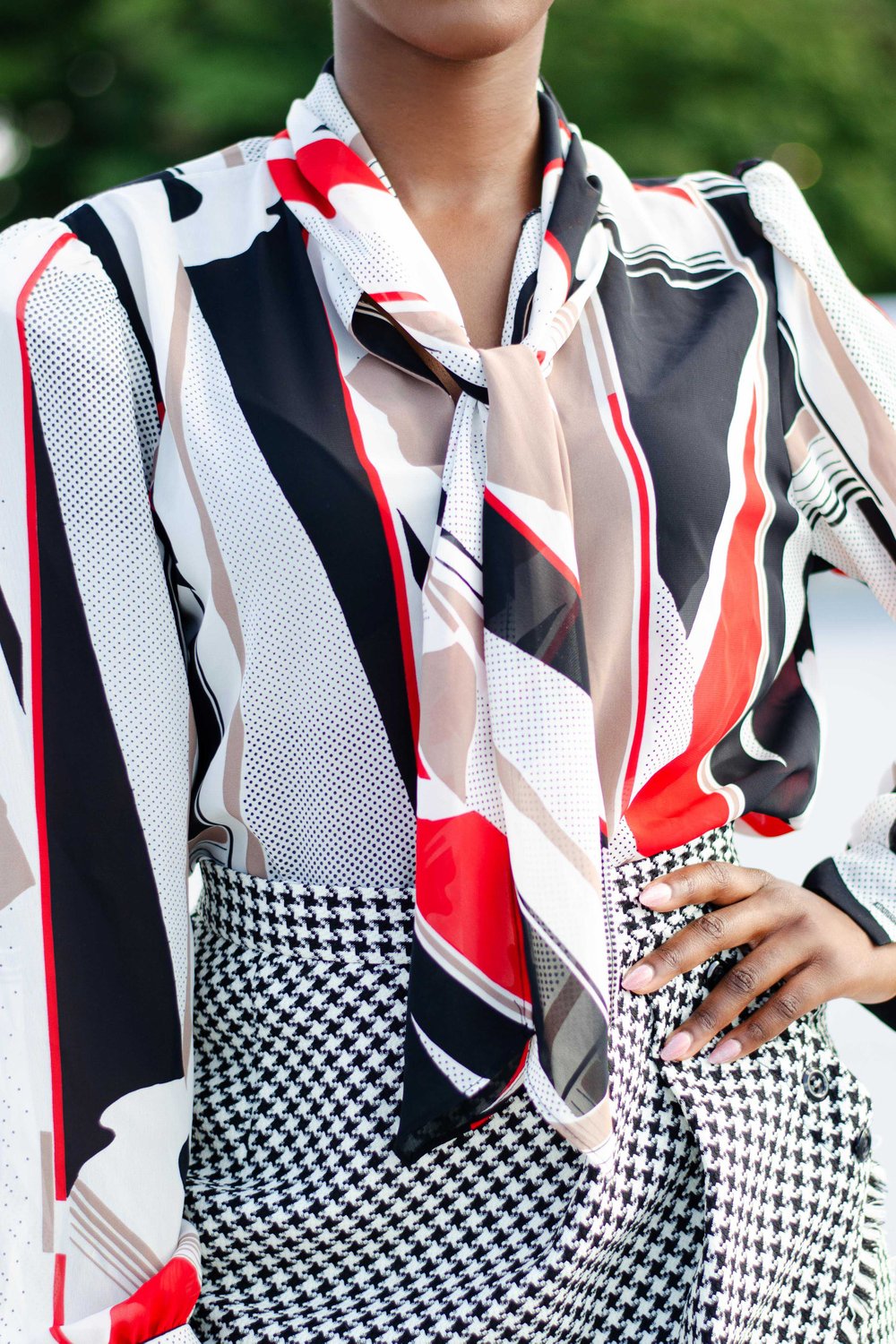 Image of Vintage Nashama Abstract Tie Neck Semi Sheer Blouse
