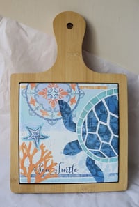 Image 1 of Eco-Friendly Bamboo and Ceramic Trivet with Sea Turtle Design – Coastal Home Decor