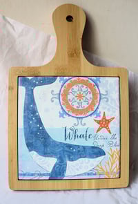 Image 1 of Eco-Friendly Bamboo and Ceramic Trivet with Blue Whale Design – Coastal Home Decor