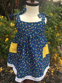 Image 1 of Vintage Blue Floral Calico & Yellow Pockets Dress 1t