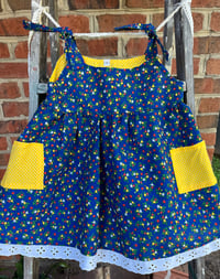 Image 3 of Vintage Blue Floral Calico & Yellow Pockets Dress 1t