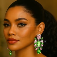 Image 1 of AKA Inspired Pink and Green Rhinestone Clip-On Earrings | Glam Sparkly Statement Jewelry 