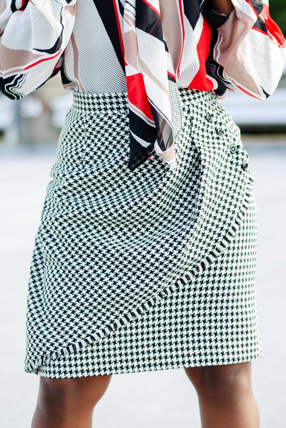 Image of Vintage Black & White Houndstooth Skirt With Fringe Overlay