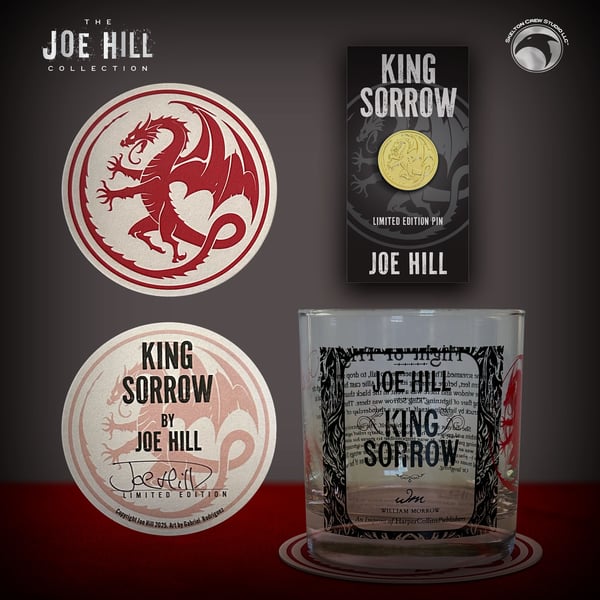 Image of JOE HILL CHARITY EVENT: Limited Signed Edition King Sorrow Whiskey Glass & Coaster Set w/Dragon Pin!