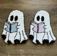 Image 1 of Bookish Ghost Punch Needle Coaster – Cozy Handmade Mug Rug for Readers & Fall Decor