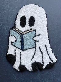 Image 2 of Bookish Ghost Punch Needle Coaster – Cozy Handmade Mug Rug for Readers & Fall Decor