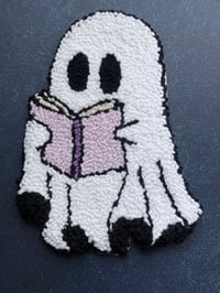 Image 3 of Bookish Ghost Punch Needle Coaster – Cozy Handmade Mug Rug for Readers & Fall Decor