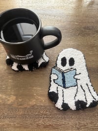 Image 4 of Bookish Ghost Punch Needle Coaster – Cozy Handmade Mug Rug for Readers & Fall Decor