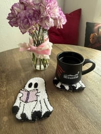 Image 5 of Bookish Ghost Punch Needle Coaster – Cozy Handmade Mug Rug for Readers & Fall Decor