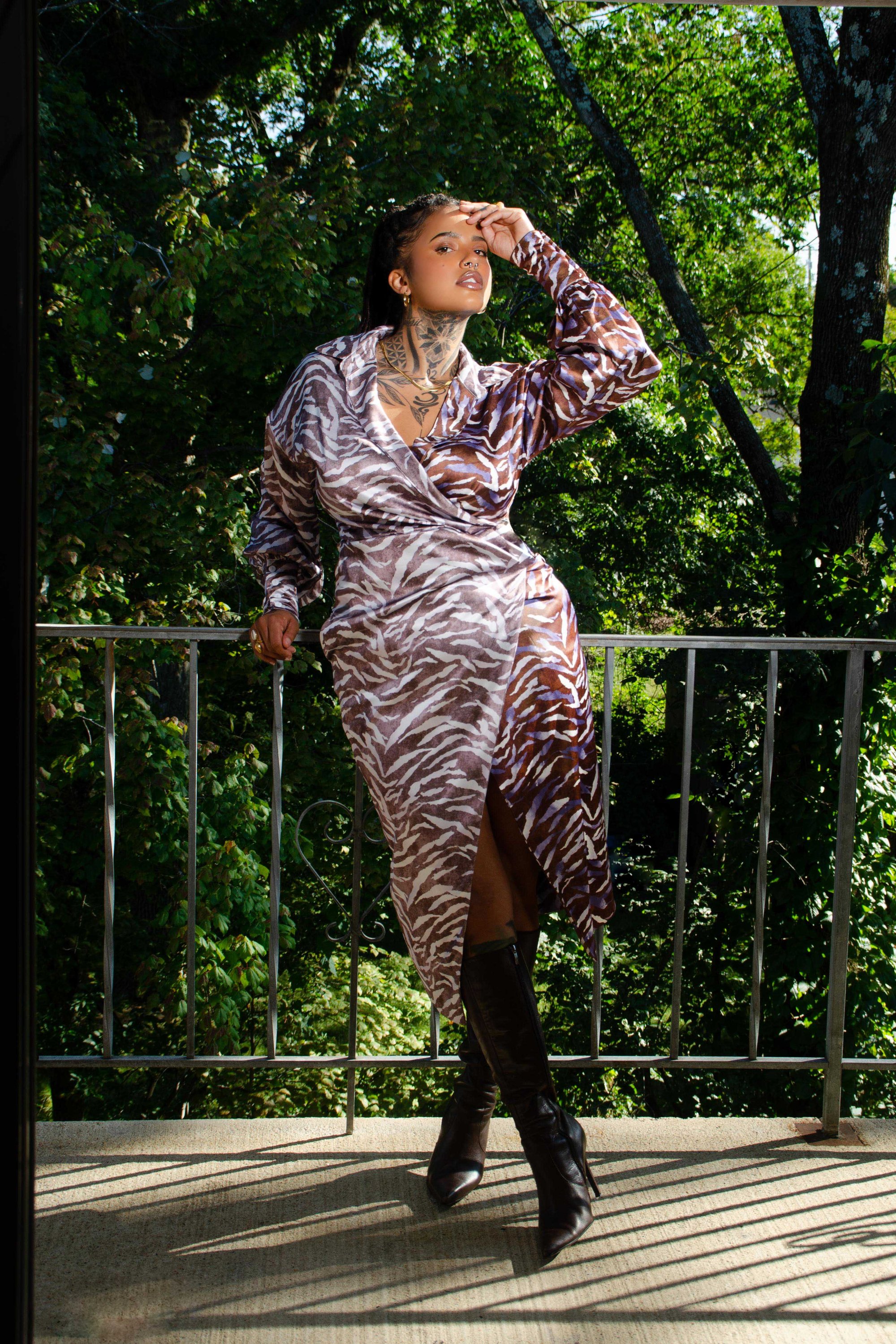 Hanifa Carrie Mixed Zebra Print Faux Wrap Dress | Golden Bird Boutique Hanifa Carrie Mixed Zebra Print Faux Wrap Dress | Golden Bird Boutique